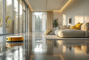 yellow color. Clean imagen. A realistic, advertising photograph set in a sophisticated, elegant, and clean modern living room, predominantly white, where an autonomous, circular, flat, and very modern vacuum cleaner is in operation. The vacuum cleaner features neon accents. The room is immaculate. A technologically advanced vacuum --ar 3:2 --style raw --stylize 500 --v 6 Job ID: c6948a92-4ab9-4183-a48c-a7448672fa6a